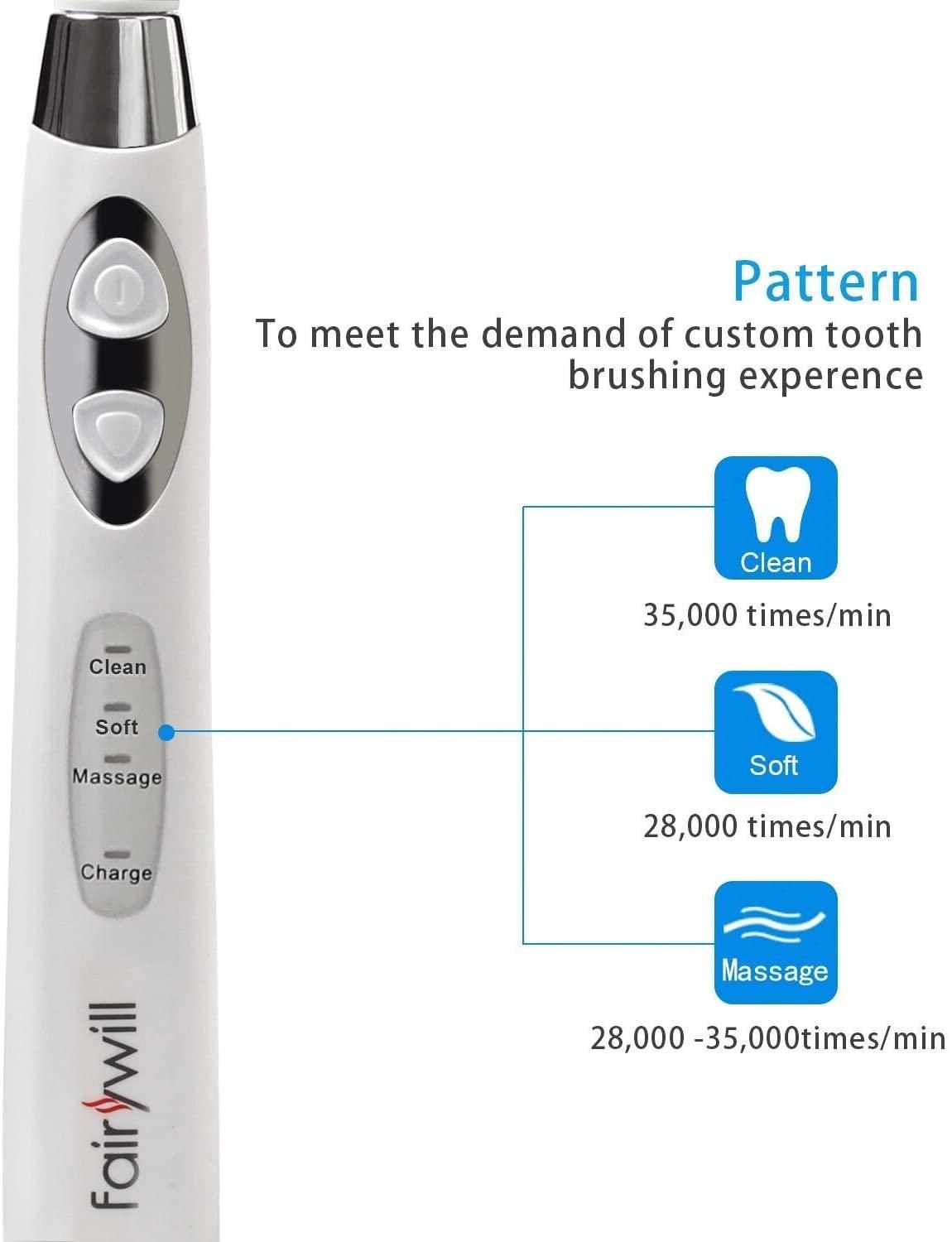 Fairywill Electric Sonic Rechargeable FW-917 Toothbrush USB Fast Charge Waterproof Electronic Tooth Replacement 3 Heads For Adu