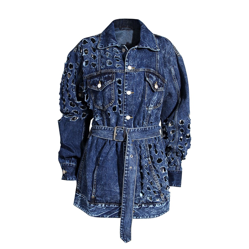 [eam] losse pasvorm beige gaten bandage grote maten spijkerjas revers lange mouw damesjas tij lente herfst 1 y 917: Marineblauw / S