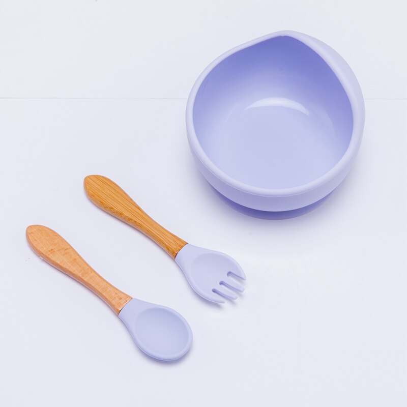 Baby Silicone Bowl Fork Spoon Straw Cup Set Silicone Bowl &amp; Spoon Learning Dishes Tableware Suction Bowl BPA Free Baby Product: 3PCS Purple