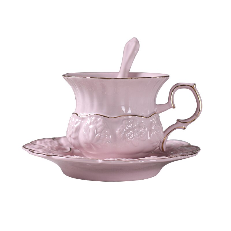 Taza de café de cerámica rosa, escultura creativa, juego de platillo, tazas de té chapadas en oro de flores, tazas europeas Kubek de porcelana, AC50BD