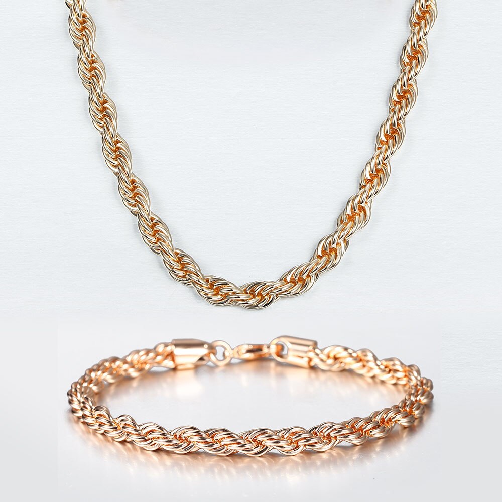 Bredde 5/6mm 585 rose guld reb kædesmykker sæt snoet halskæde armbånd til kvinder mænd smykker  cs19: 5mm cs19 / 50cm og 20cm