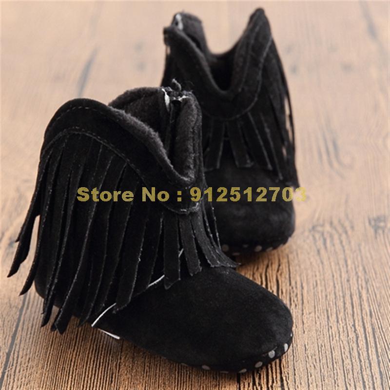 Mokassin-babyschuhe für mädchen, einfarbige fransenstiefel mit weicher sohle und rutschfester oberfläche: Schwarz / 2