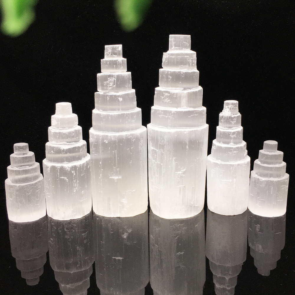 Torre de cristal de yeso de selenita blanca Natural, castillo de rascacielos, colección transparente de estatuas artesanales minerales de cristal marroquí