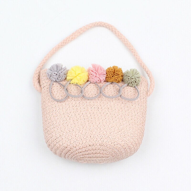 Nyeste baby piger boheme stil rattan strå taske vævet rund håndtaske blomst crossbody messenger tasker strand sommer tasker: Lyserød