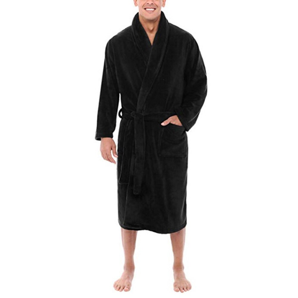 Menn sjalkrage korall fleece ensfarget lang badekåpe hjemmekjole nattøy myk korall fleece badekåpe menn fritids nattøy