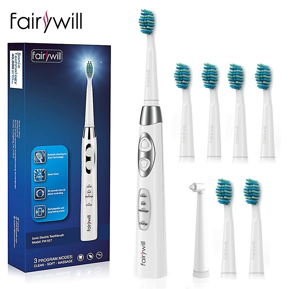 Fairywill Electric Sonic Rechargeable FW-917 Toothbrush USB Fast Charge Waterproof Electronic Tooth Replacement 3 Heads For Adu: 917White.FW01