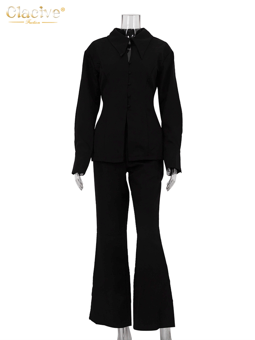 Clacive bodycon sort kontor 2 -delt sæt til kvinder outfit langærmet skjorte med højtaljede bukser bredt sæt til kvinder