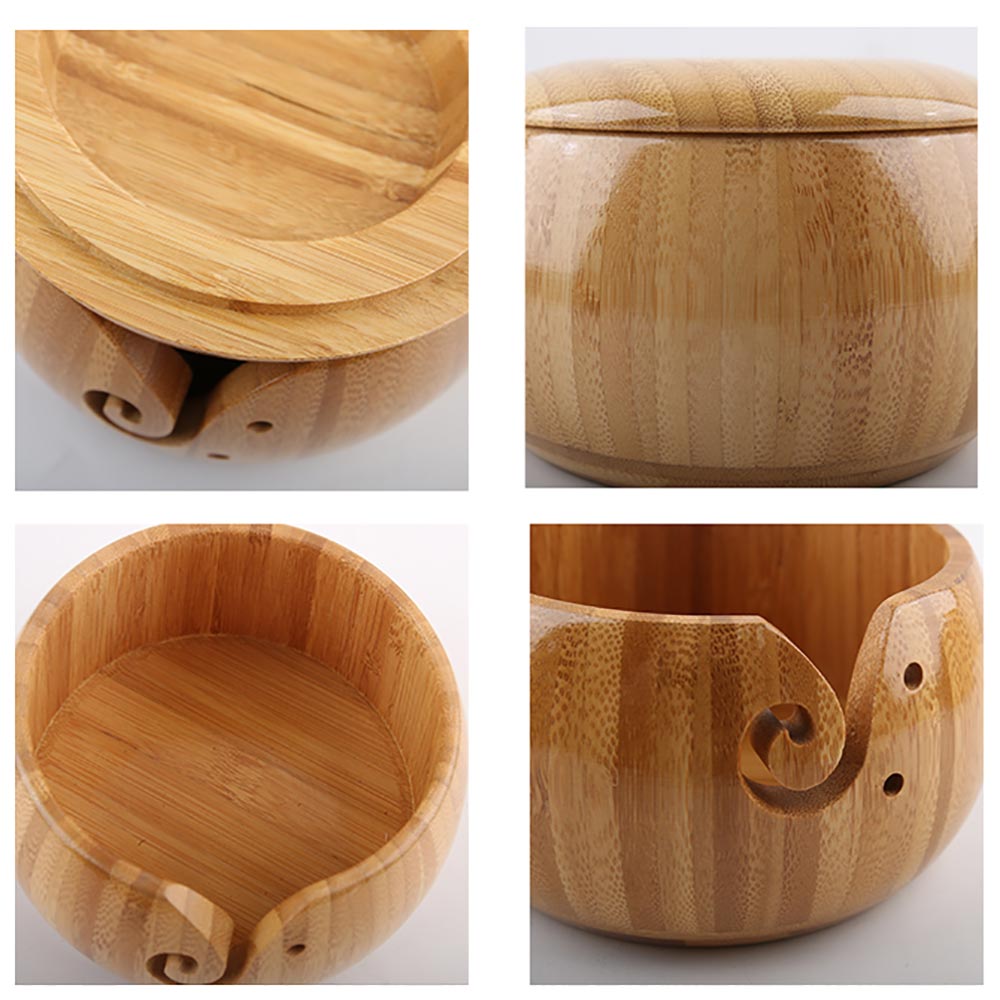 Bol de rangement en fil de bois naturel, organisateur de bol en laine tricotée crochet, bol de rangement en bambou, fournitures de couture tricots faits à la main à la maison