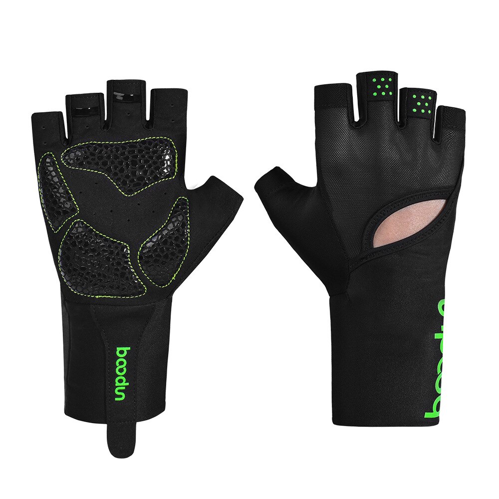 Menn kvinner treningsstudio hansker halvfinger pustende elastisk støtsikker sport Fitness hansker vektløfting trening treningshansker: Grønn logo / L xl