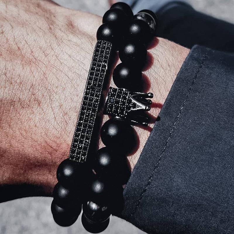 Klassieke Handgemaakte Lion Crown Charm Mannen Armband 2 Stks/set Matte Lava Stone Bead Armband Voor Mannen Sieraden: 7