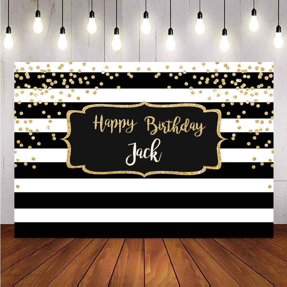 Witte En Zwarte Streep Goud Glitter Gelukkige Verjaardag Party Achtergrond Voor Fotografie Kinderen Custom Poster Banner Photo Achtergrond
