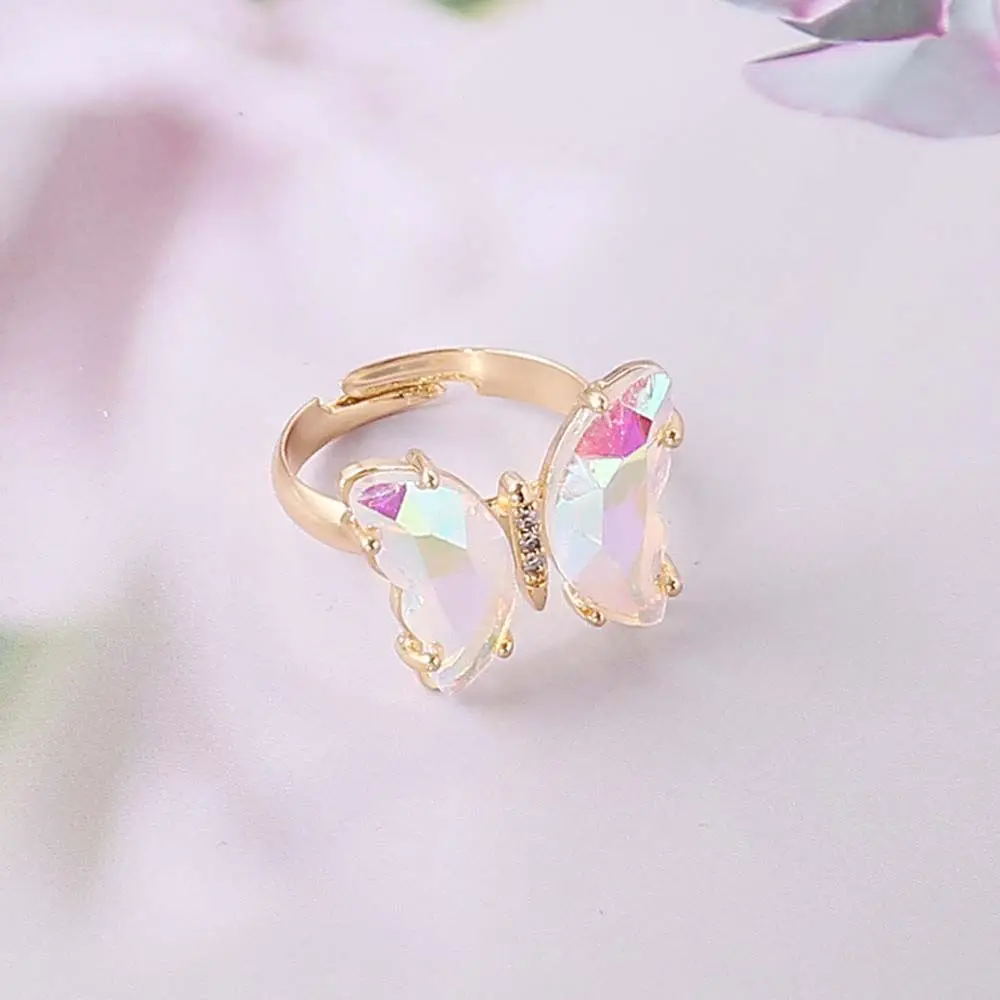 Adjustable Women Girls Korean Crystal Butterfly Open Ring Jewelry Finger Rings: Yellow