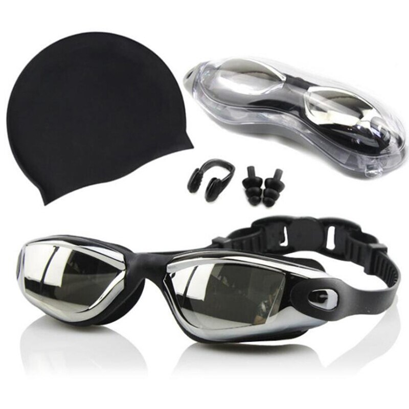 Professionele Zwembril Anti-Fog 100% Uv Verstelbare Bril Zwemmen Goggle Volwassen Badmuts Oordopjes Neus Clip Set Voor mannen: Black set