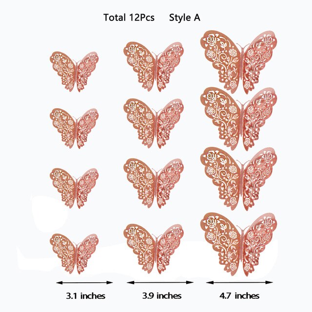 3D Royal Blue Hollow Paper Rose Flower Butterfly Wall Sticker Living Home Decoration Wedding Butterflies Decals: Rose Gold Style A
