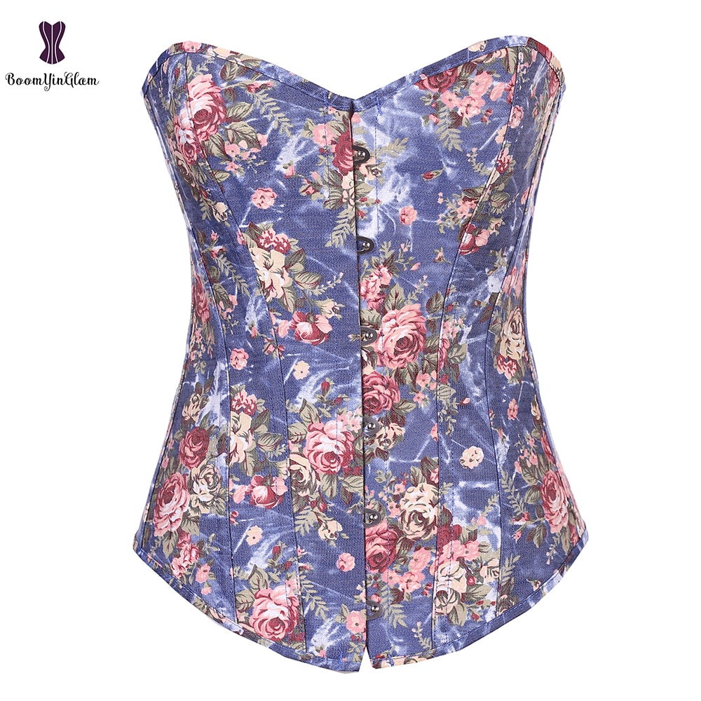 Kjøp to fikk en gratis korsetter floral lolita sexy korset elastisk utbenet gorset rose blomst utskrift kvinner jente antrekk busk bustier: Xxl