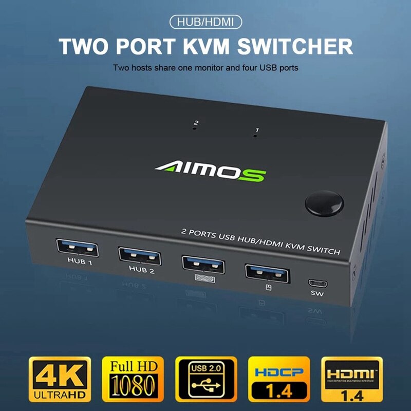 AIMOS 2 in 1 Out Splitter 4K USB HDMI KVM Switch for 2 PC Sharing Keyboard Mouse Printer Plug and Play Video Display