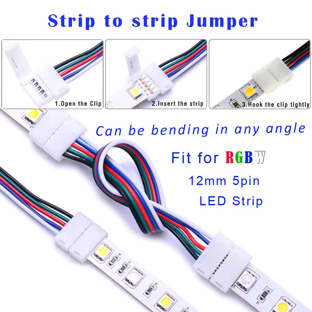 12MM 5PIN LED Strip Connector Kit with 16.4FT Extension Cable,4PCS Gapness Connectors,5 pin Male Connector Wire Cable,L ST292