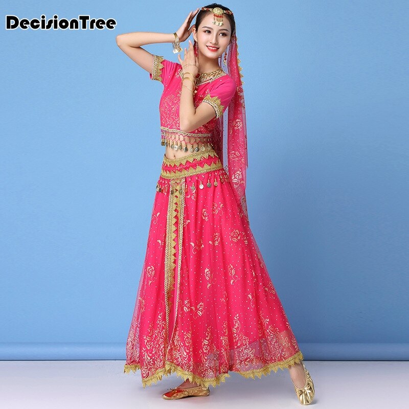 vêtements de danse femmes performance indien sari tenue bollywood danse du ventre costumes ensemble haut + ceinture + jupe + voile + casque