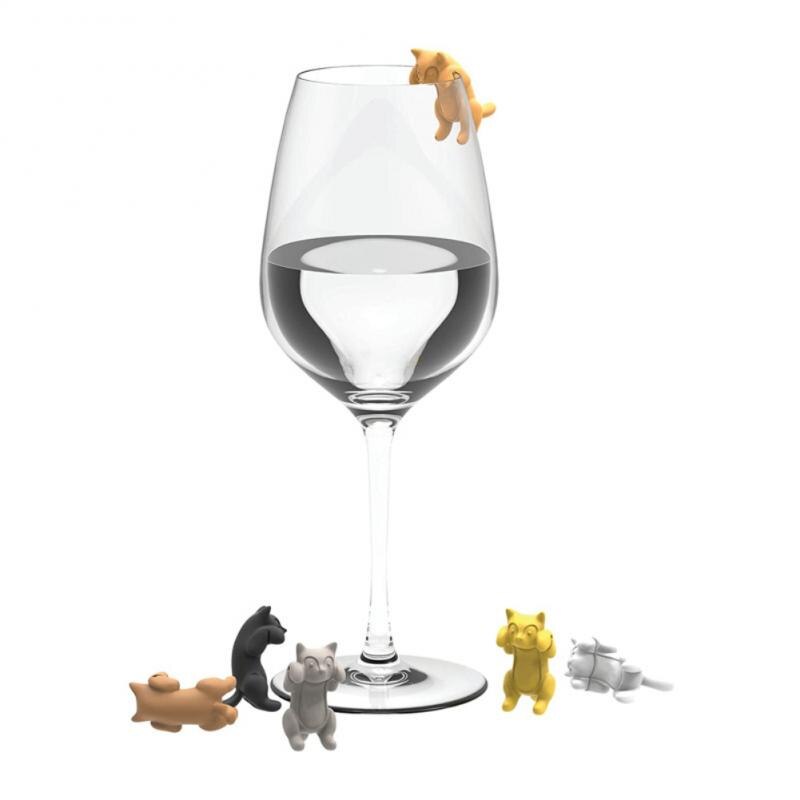 Divisor de copa de vino portátil para gatito, herramientas de cocina, bolsa de té, marcadores de vidrio para vino, Clip de gato, 6 unids/set por juego
