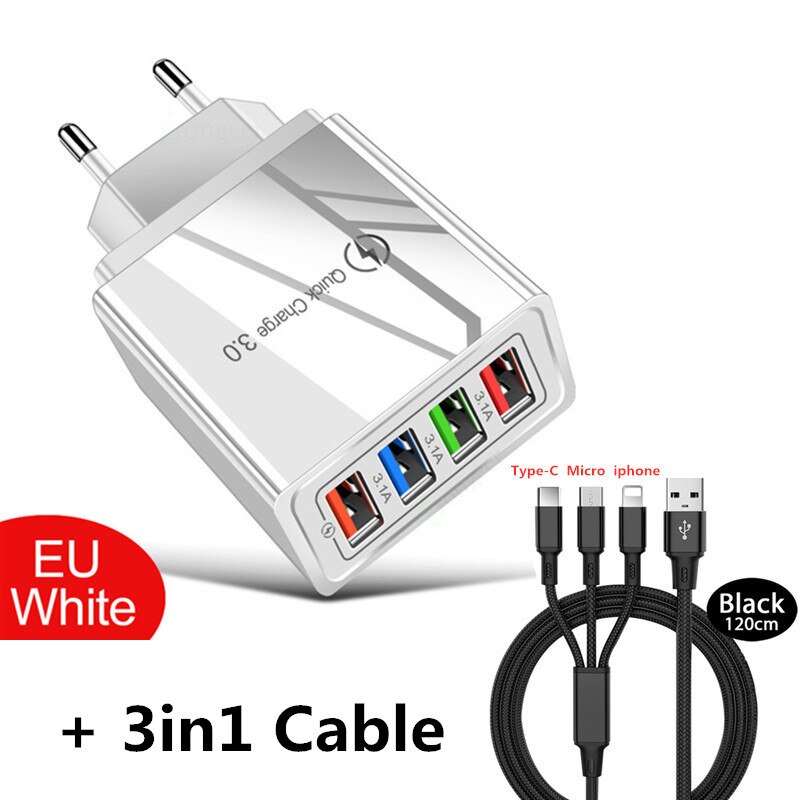 Cargador USB de , carga rápida 3,0/4 puertos, cargador de pared para teléfono móvil EU/US, Cable de datos para iphone X, Huawei, Xiaomi y Samsung: EU 3in1 Cable White