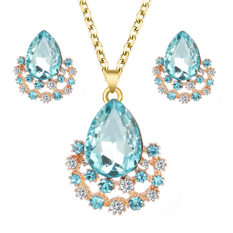 Conjunto de collar y pendientes con colgantes de cristal para mujer, conjunto de joyería nupcial, pendientes y collares de boda: Light Blue