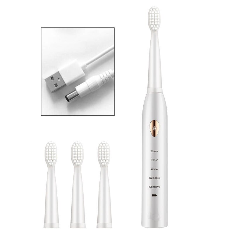 5 modalità Ad Ultrasuoni Spazzolino Da Denti Elettrico di base USB Ricaricabile Impermeabile Spazzolino Da Denti Elettrico con 4 Teste di Bursh Contenitore di Regalo: bianca USB