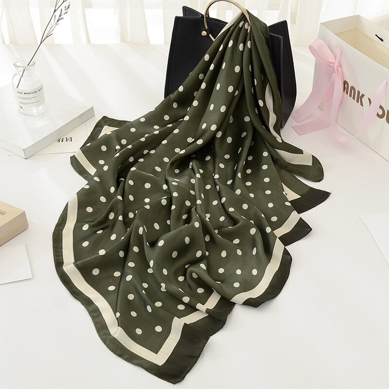 Mode Blauwe Stippen Vrouwen Sjaal Grote Zijde Gevoel Sjaal Sjaal Foulard Print Vierkante Kop Sjaals Wraps: SIZE 90CM GREEN