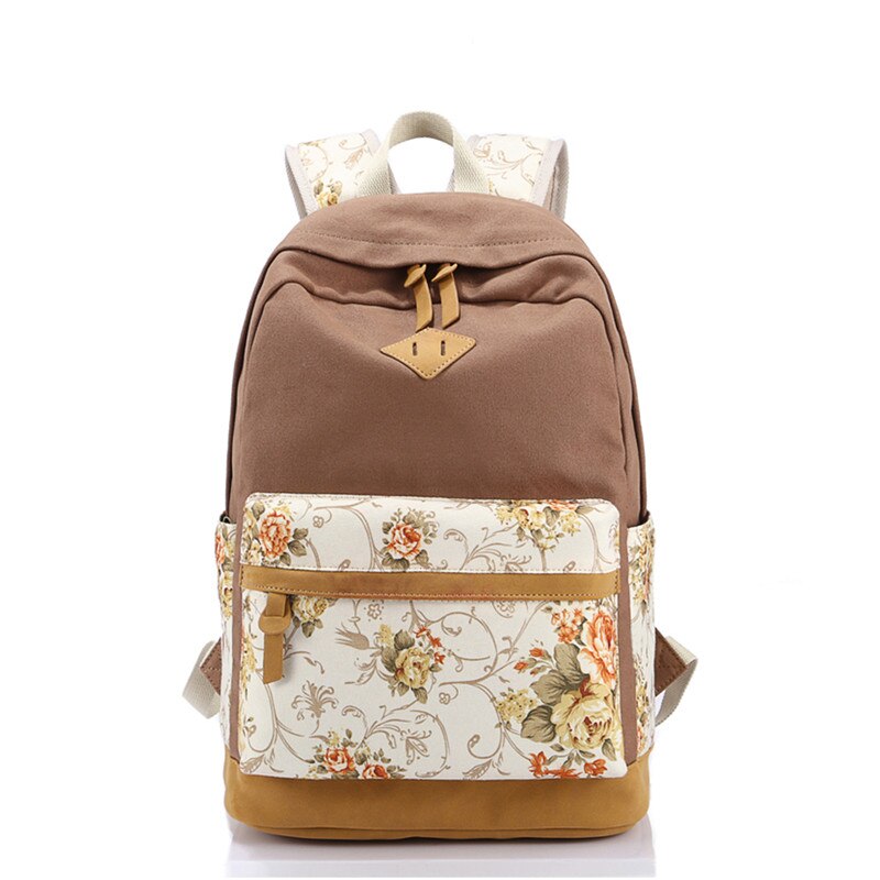 Scione canvas dames schooltas rugzakken voor meisjes mochila escolar bloemenprint computer laptop rugzak schoolrugzak  p112: Khaki