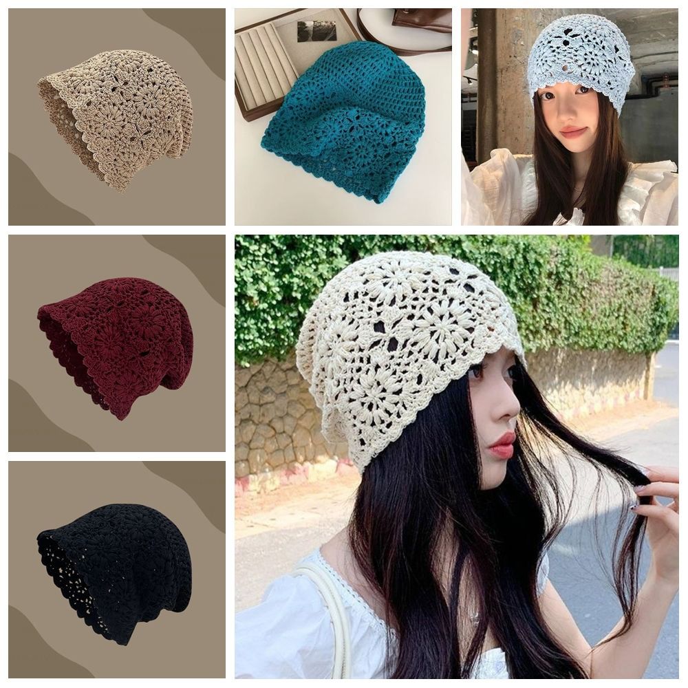Bohemian Style Crochet Flower Knitted Hat Thin Korean Lace Woven Cap Handmade Apparel Accessories Hollowed Out Beanie Cap Casual