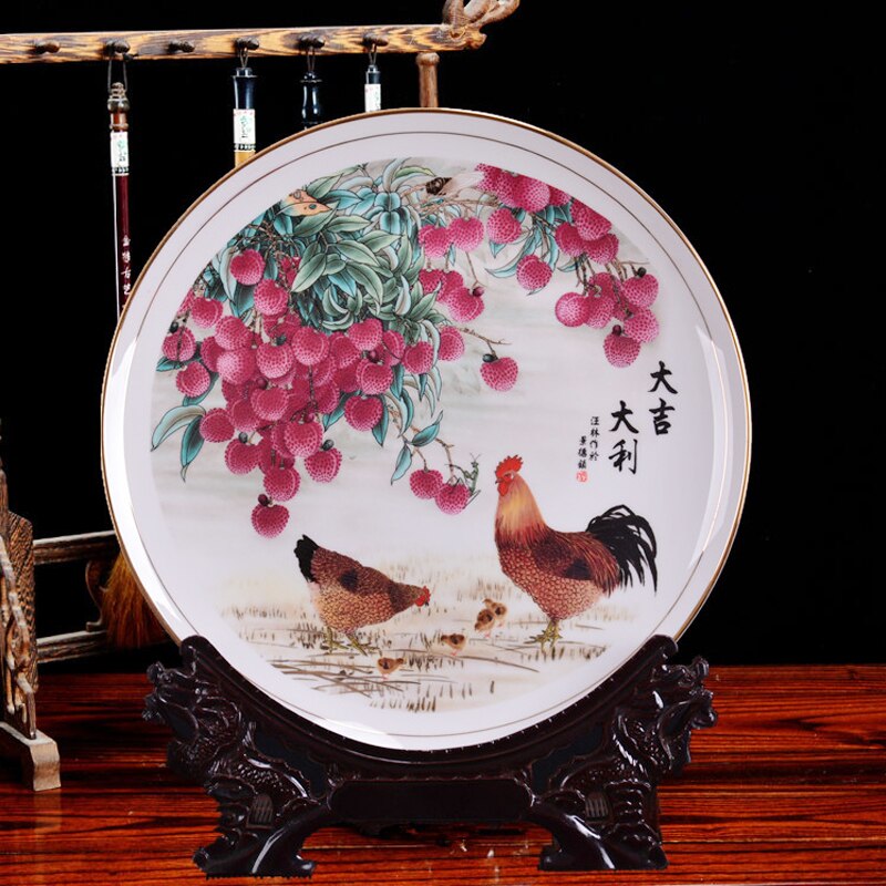 25 cm Fine Bone China Plate Ceramic Ornamental Plate Chinese Style Decoration Plate Wood Base Porcelain Plate Set