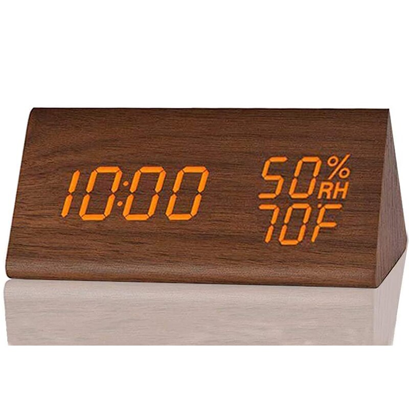 Digital Alarm Clock Wooden Electronic LED Time Display Humidity Temperature Detect Wood Made Electric Clocks for Bedroom Bedside: Brown