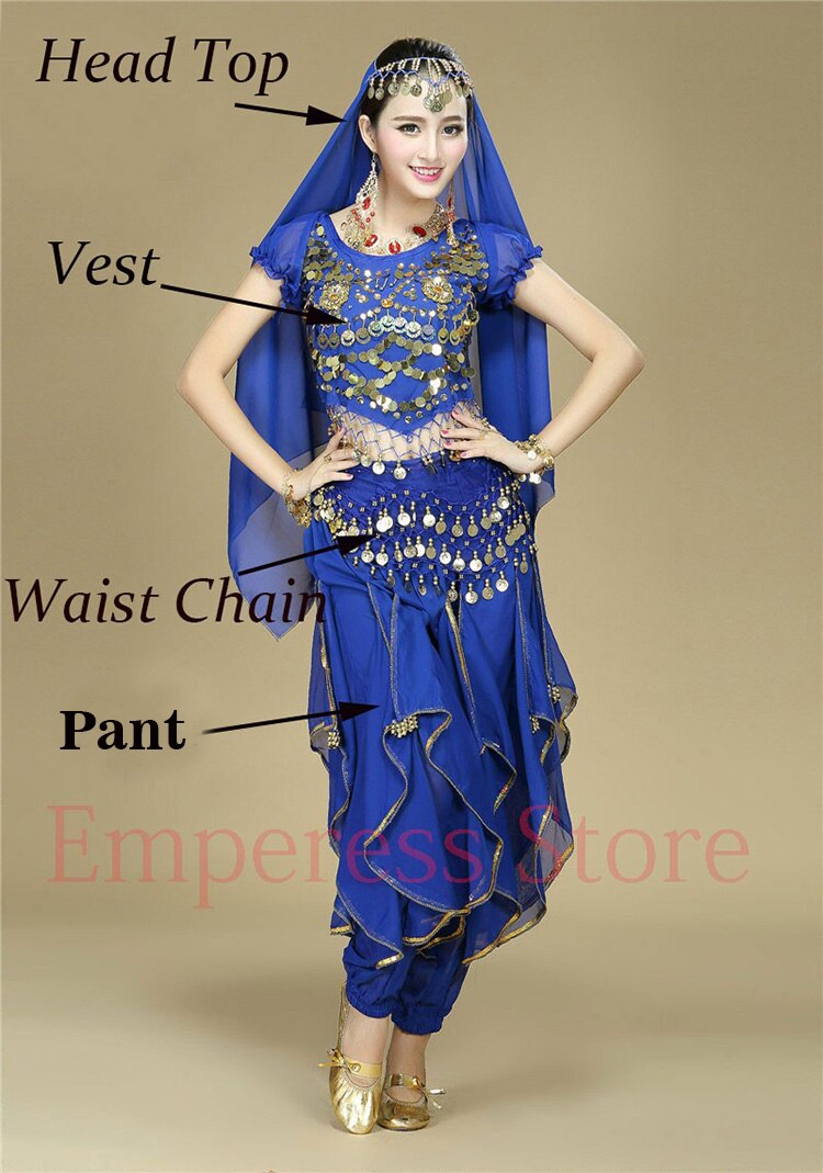 4 unids/set de traje de baile hindú para danza del vientre, conjunto de trajes de danza Oriental para actuaciones en escenario: 4pcs Blue