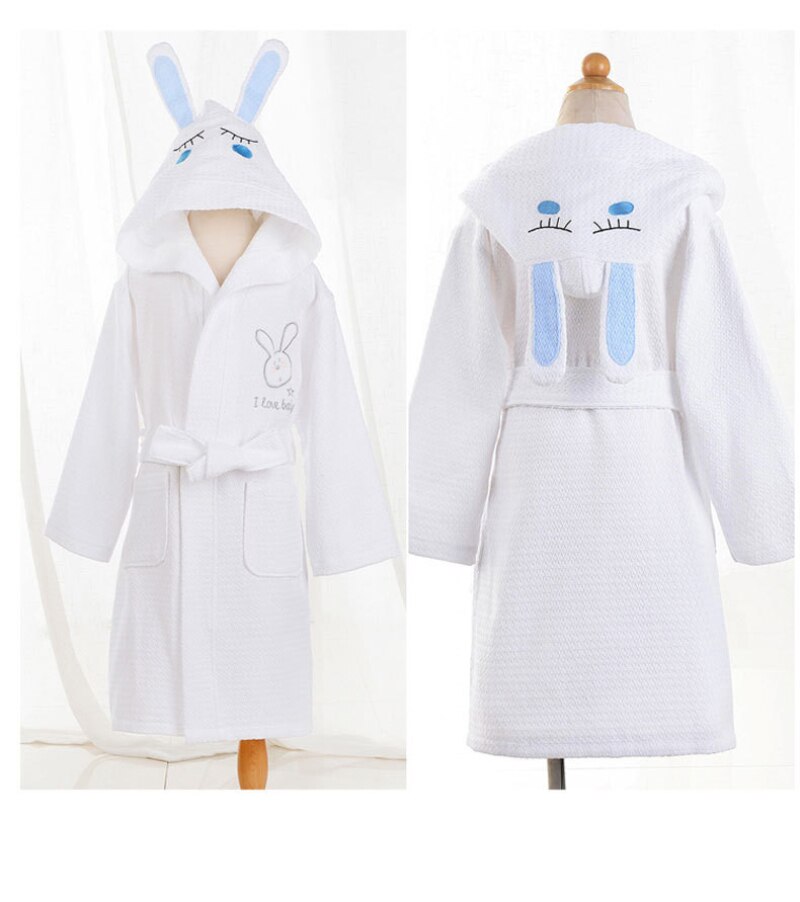 4 Color Girl Summer Cotton Bathrobe Waffle Hooded Children Robe Boys Dressing Gown Kids Roupao After Spa Bath Swimming L173: white with blue ear / 12A(130-140cm)