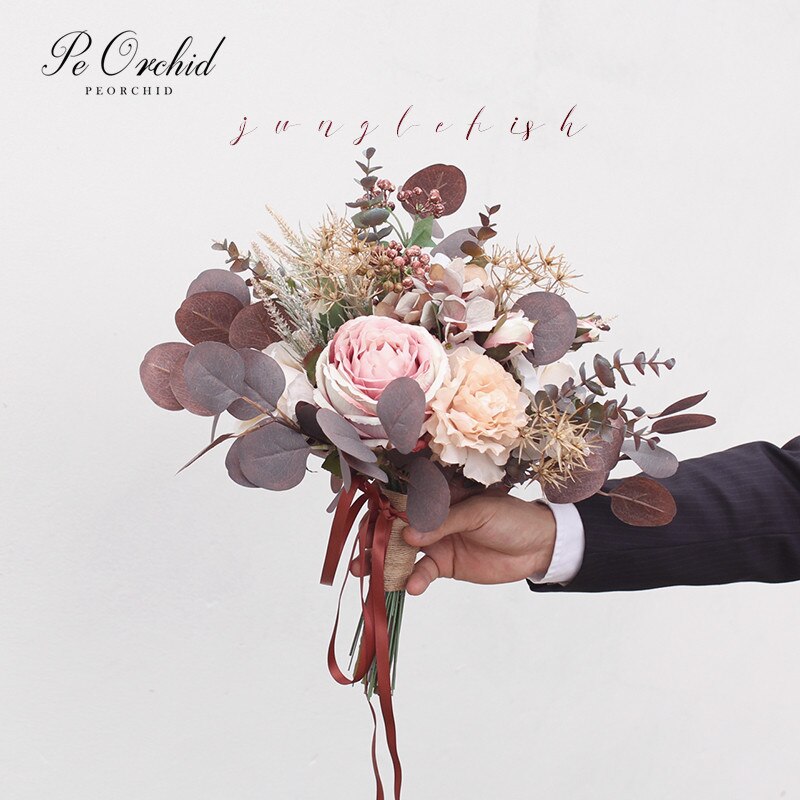 Peorchid vintage bryllupsbuket til bruden eucalyptus bouquet de noiva colorido kunstige blomster kaster buket