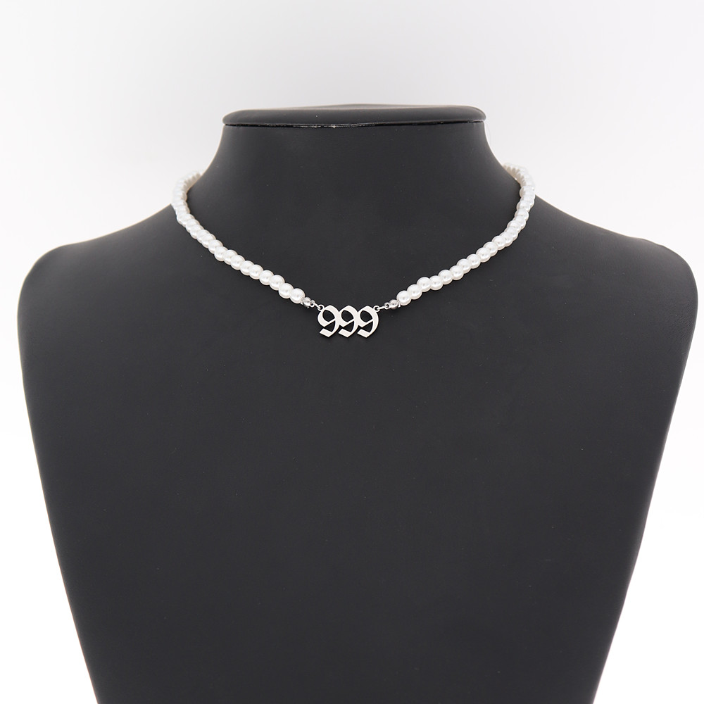 Edelstahl Engel Anzahl Halskette Perle Kette Choker 444 999 888 222 555 666 333 777 Boho Schmuck Teufel Colar gold Halsketten: Silver 999 Pearl