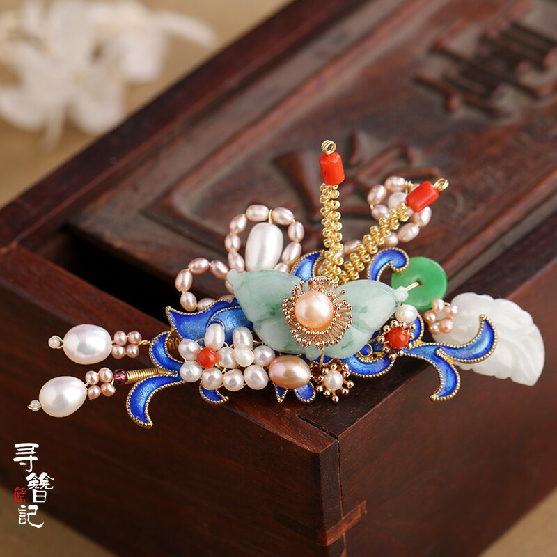 Kanzashi Hanfu-accesorios originales hechos a mano para el cabello, Varita para el pelo de Jade Vintage Cloisonne, Perla de mariposa, ágata, horquilla de Adorno: Small One Hairpin