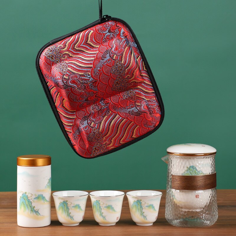 Portable Ceramic Kung Fu Tea Set One Pot and Three Cups Glass Travel Tea Set Japanese-style Hand Painted Home Tea Set Supplies: B--5-piece set
