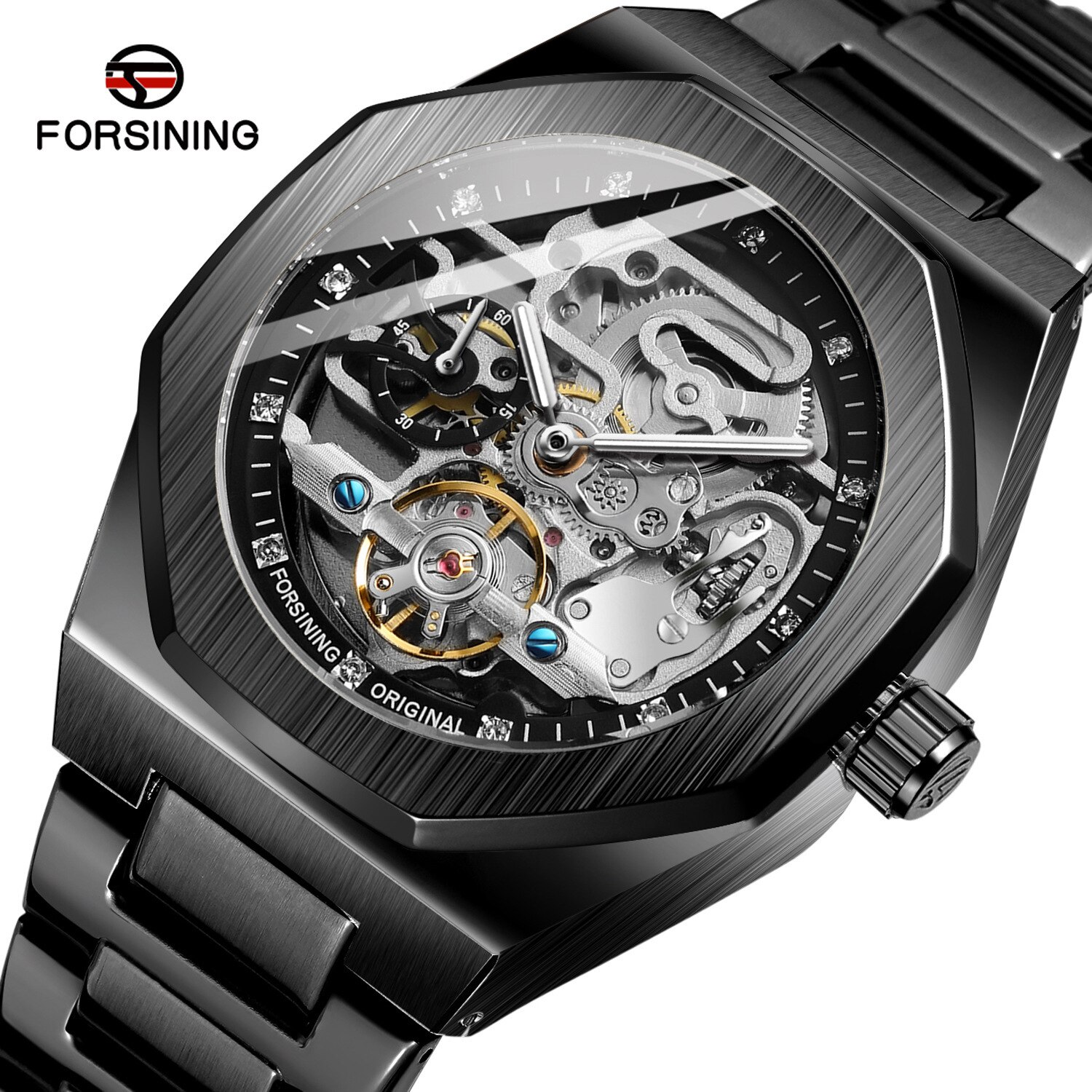 Forsining Automatic Mechanical Watch Luminous Three Eyes Six Needles Skeleton Top Brand Luxury Male Wrist Watch Wrist Clock: black black