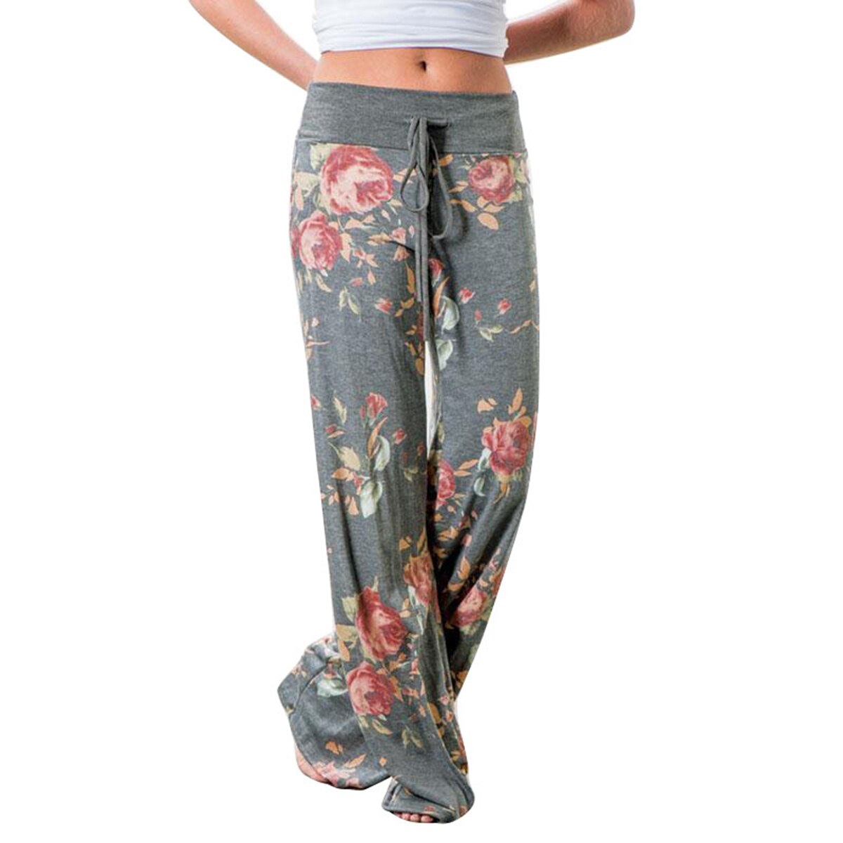 Tout pantalon d'entraînement ample pour femmes, imprimé Floral, décontracté, taille extensible, cordon de serrage, bas, grande taille: L / GRAY