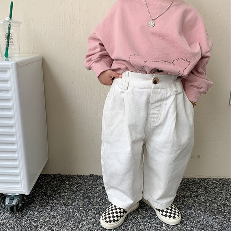 2022 Lente Koreaanse Stijl Baby Kids Witte Kleur Broek Unisex Kids Losse Casual Broek
