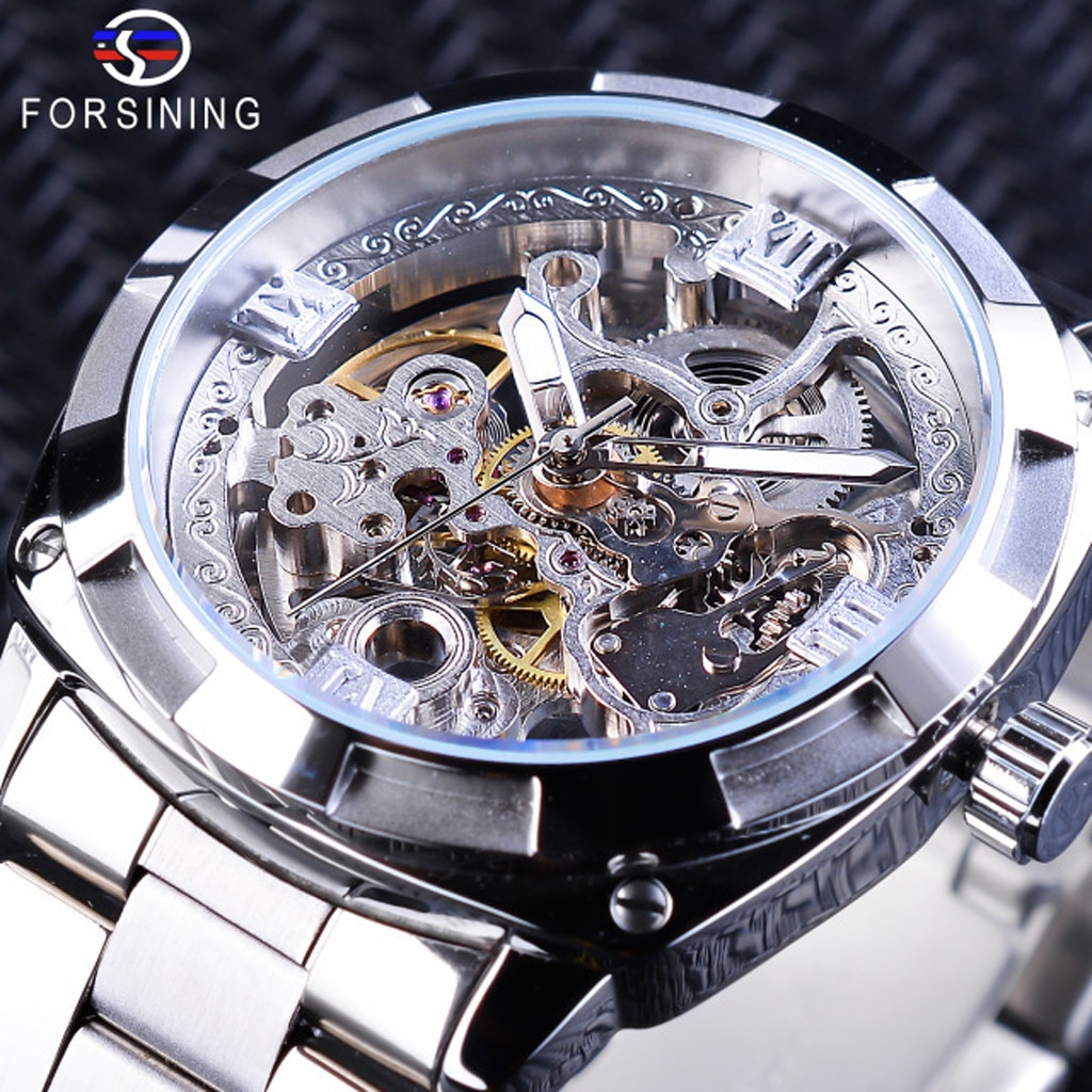 Luxe Zilveren Mannen Horloge Automatische Kronkelende Mechanische Horloge Roestvrij Staal Waterdicht Horloge Voor relogi