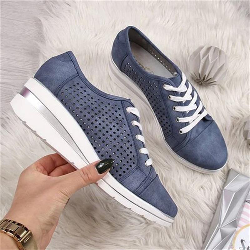 Printemps femmes chaussures compensées décontracté creux respirant toile plate-forme été baskets maille bout pointu sans lacet chaussures dames