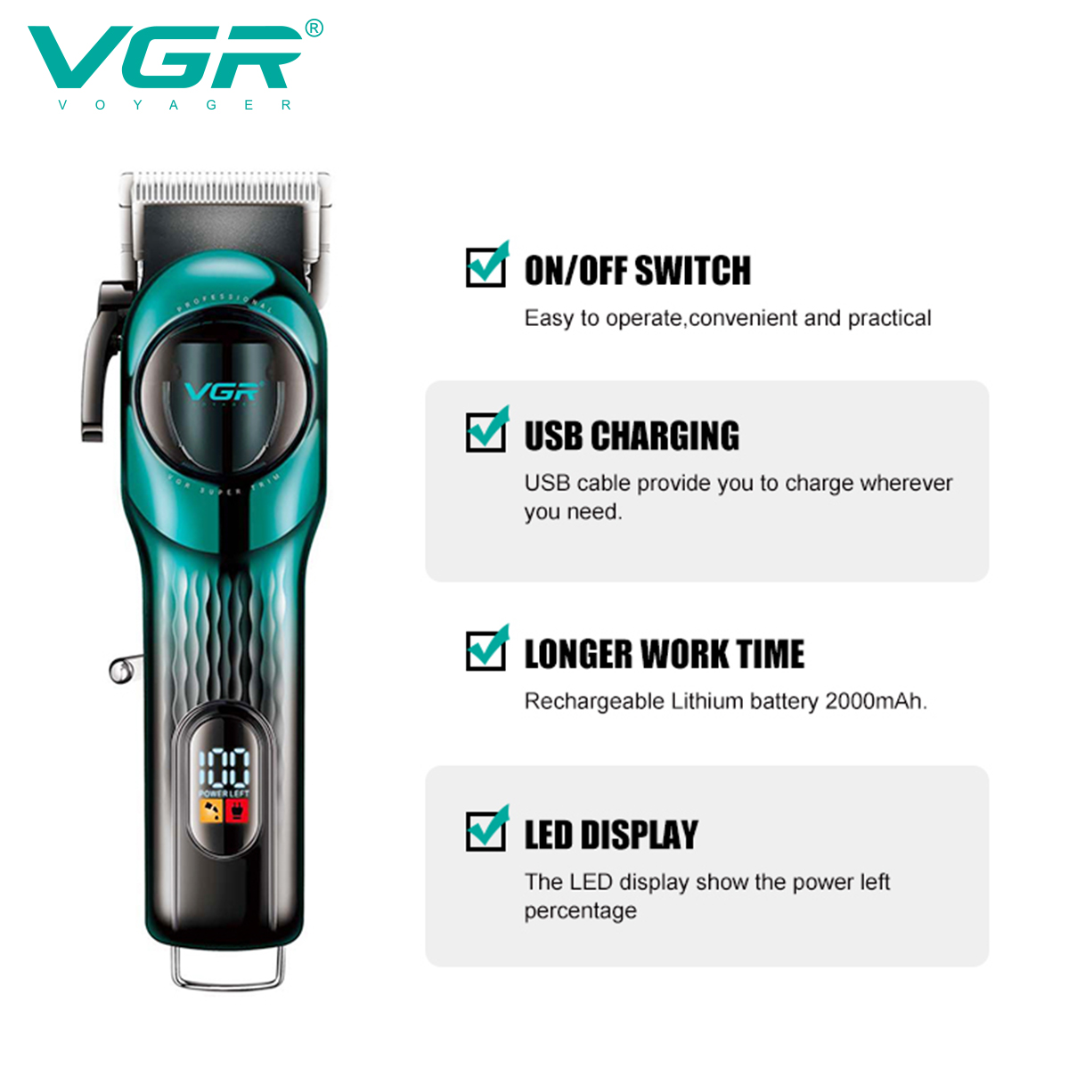 Cortadora de pelo recargable digital inteligente VGR 166 con base de cinta degradada cizalla de empuje eléctrica ajustable