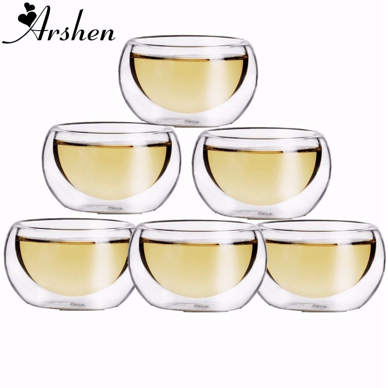 Arshen Duurzaam 6 stks/set 50 ML Clear Drinken Gezonde Cup Hittebestendige Double Wall Layer Thee Cup Water Bloem thee Kopjes