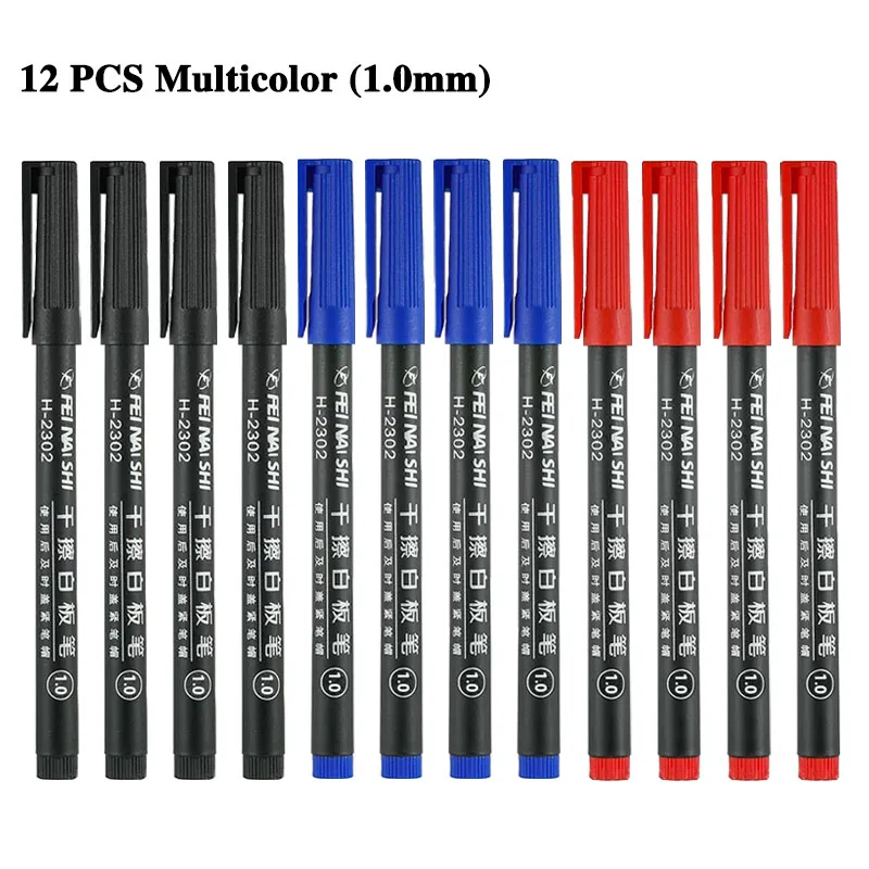 12Pcs Erasable Whiteboard Pen 0.5/1.0mm Fine Point Black/Blue/Red Ink Blackboard Marker School Office Art Writing Stationery: Blauw