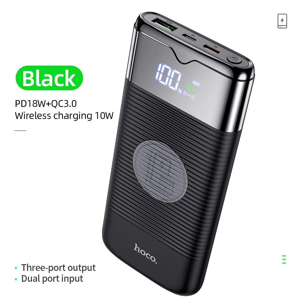 Hoco 10000mAh batterie d'alimentation chargeur sans fil batterie d'alimentation PD + QC3.0 18W charge rapide USB Powerbank batterie externe pour iphone Xiaomi: Black