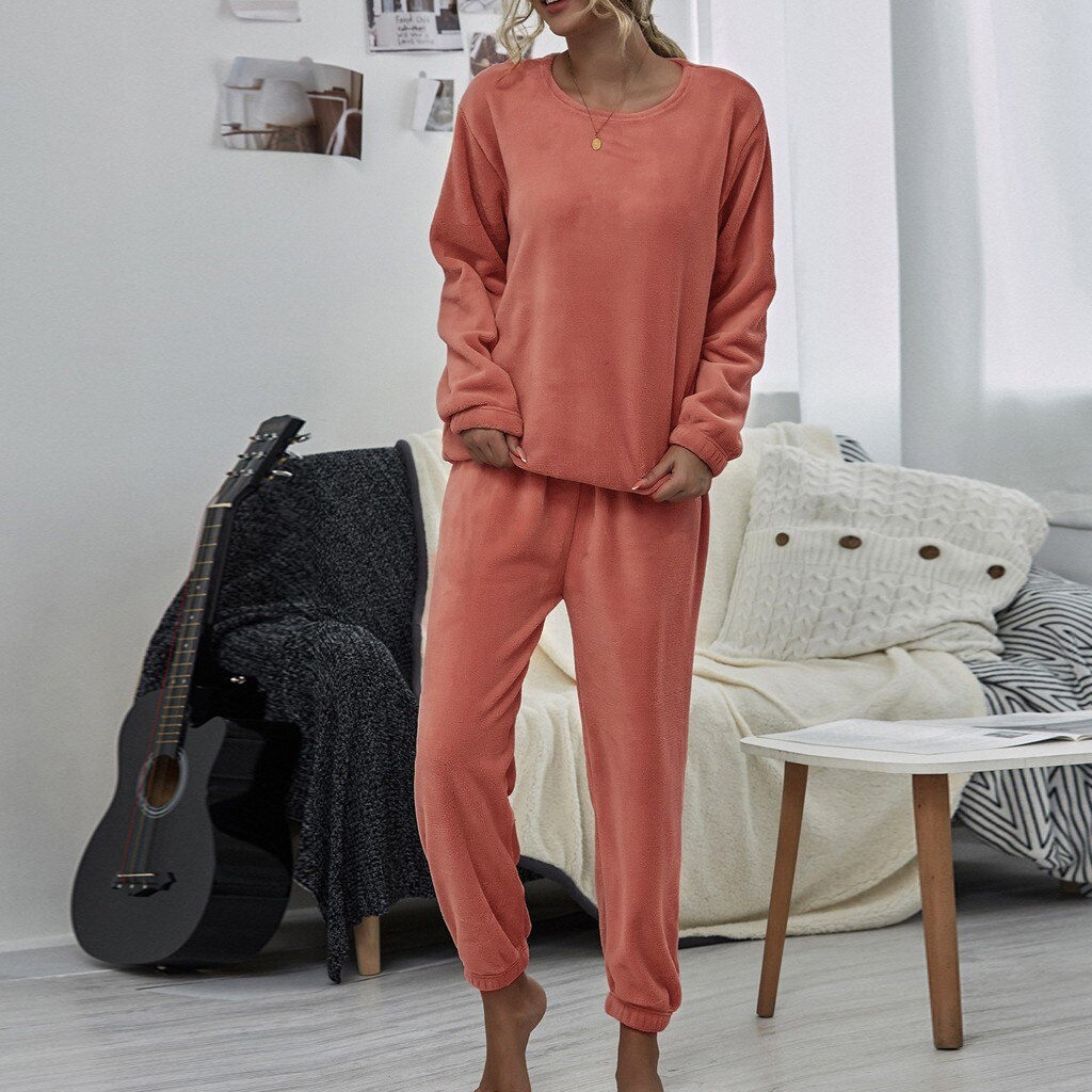Winter Warme Pyjama 2 Stuk Flanellen Pyjama Set Leuke Effen Kleur Lange Broek Nachtkleding Homewear Vrouwen Print Lingerie Ronde hals #30