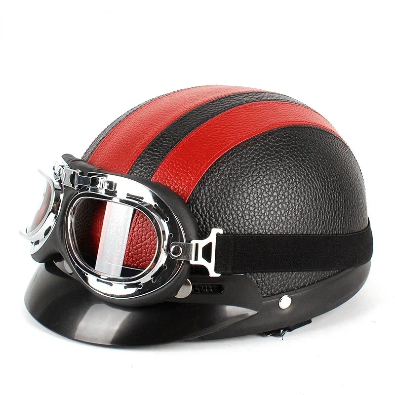Classic Stripe Motorcycle Safety Helmet Men Women PU Leather Vintage Motor Electric Scooter Goggles Half Helmets