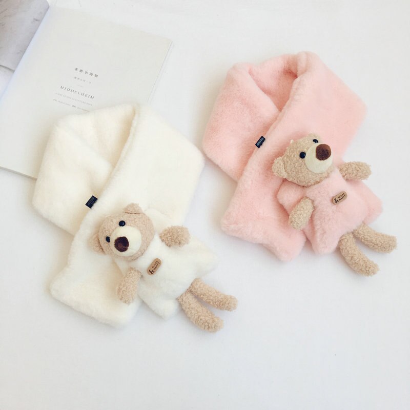 Autumn Winter Girls Warm Fleece Scarf with Bear Kids Fleece Scarves