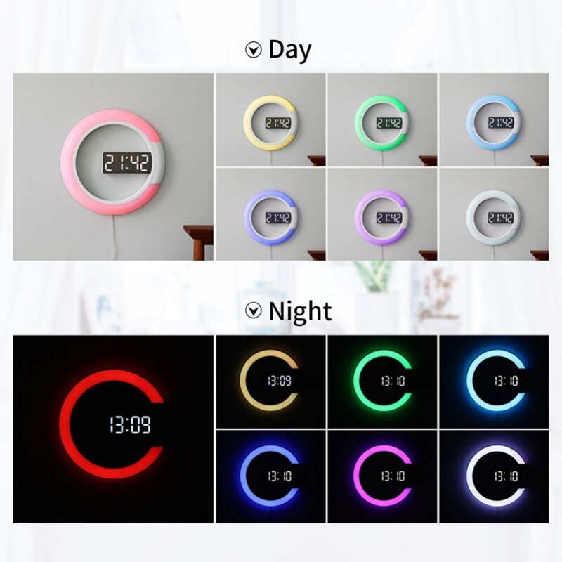 WSFS Led Mirror Hollow Wall Clocks Home Decor Multi-Function Alarm Temperature Ring Light Digital Wall Clock White